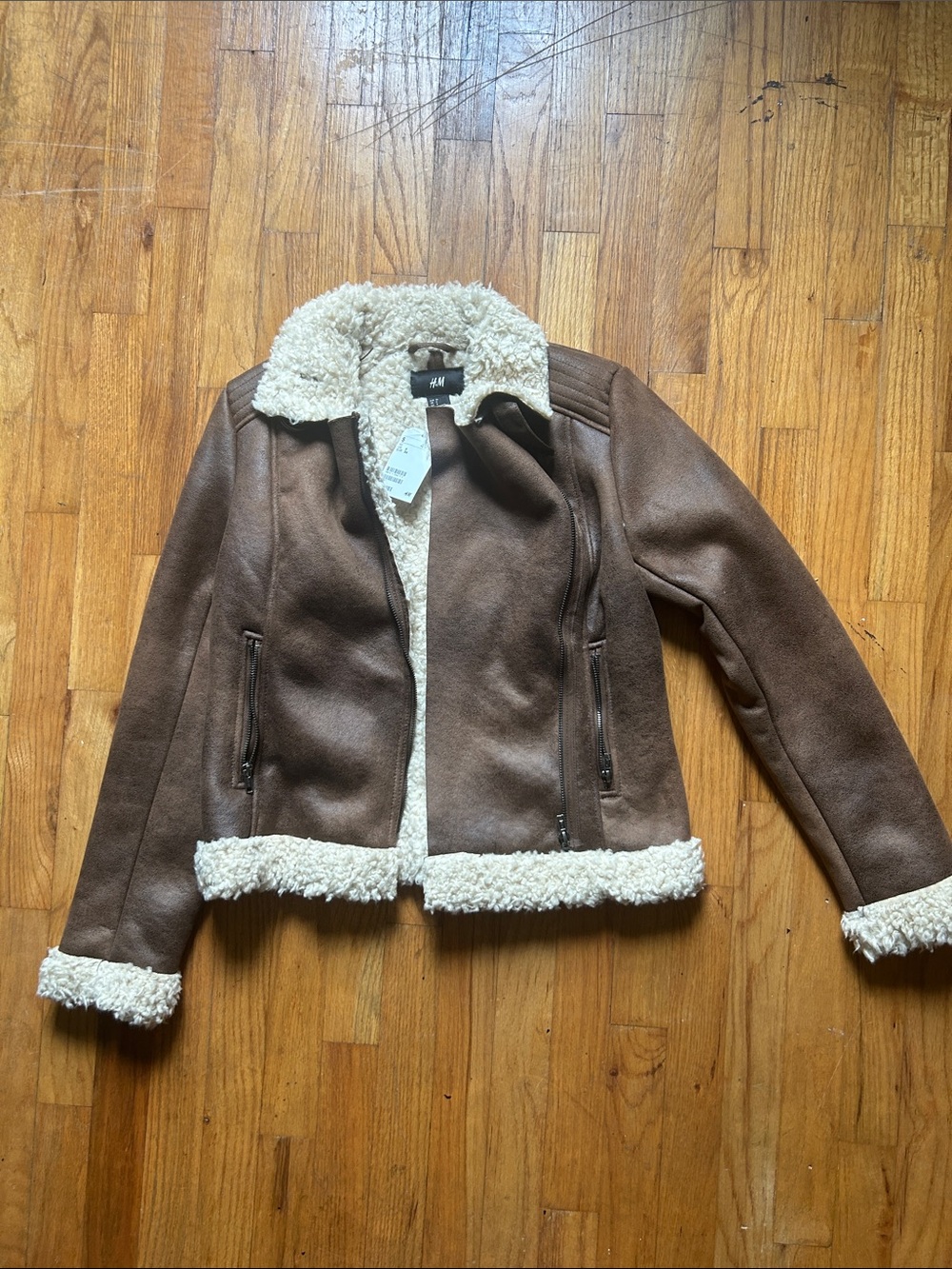 H&M Brown Bomber Jacket with Cream Shearling Trim